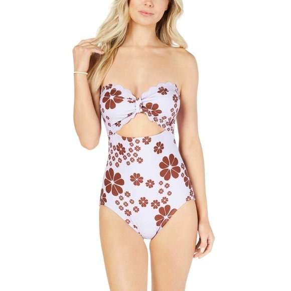 Kate Spade NWT Purple Brown Floral Swimsuit Strapless One Piece Large - Picture 1 of 3